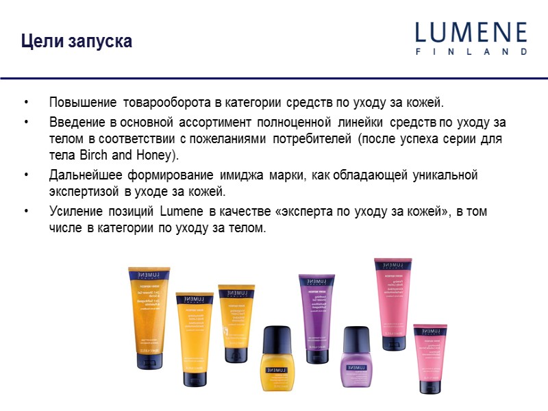 Цели запуска Повышение товарооборота в категории средств по уходу за кожей. Введение в основной